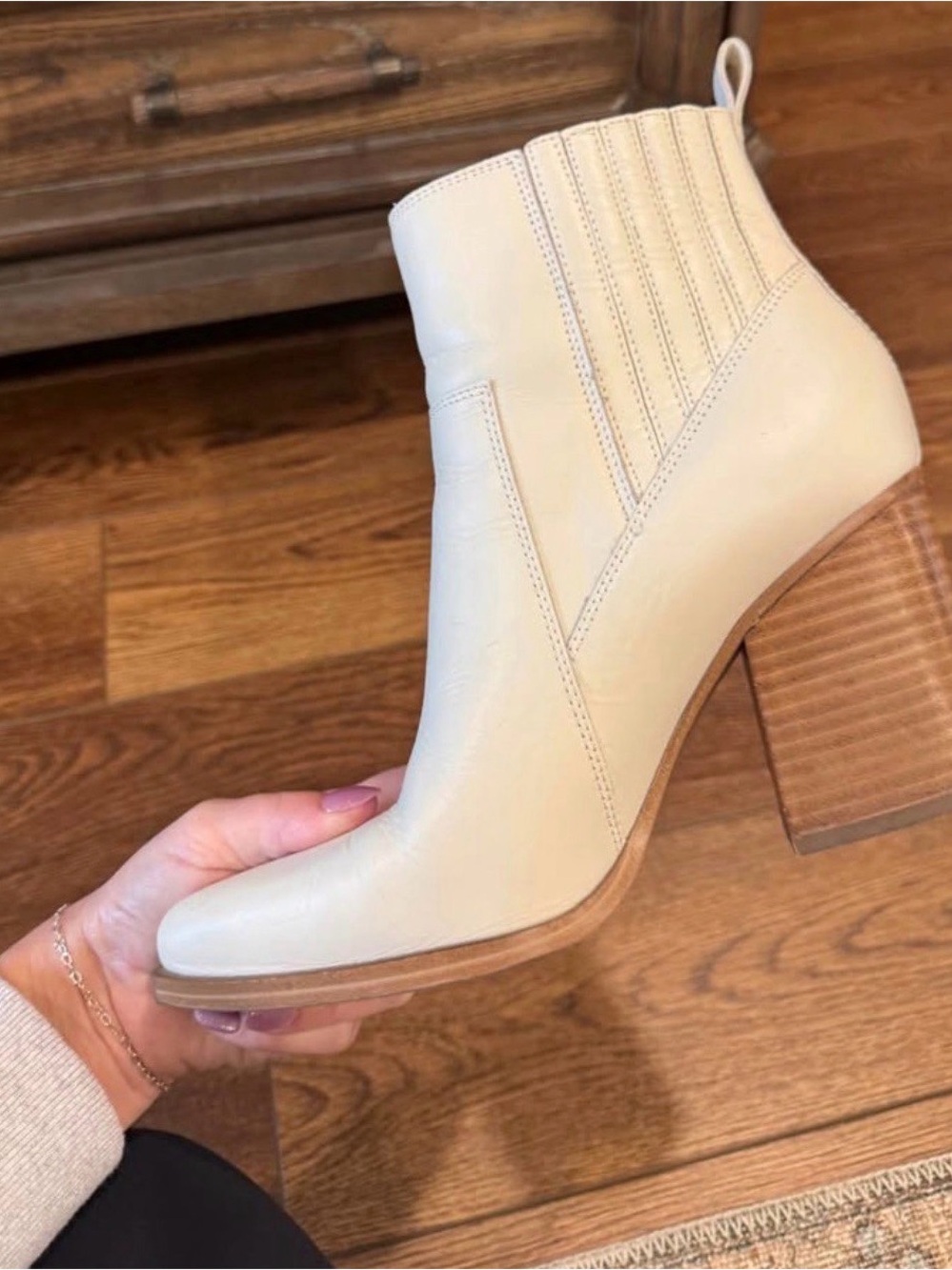 Marc Fisher Cream Leather Ankle Booties with Stacked Wood Heel